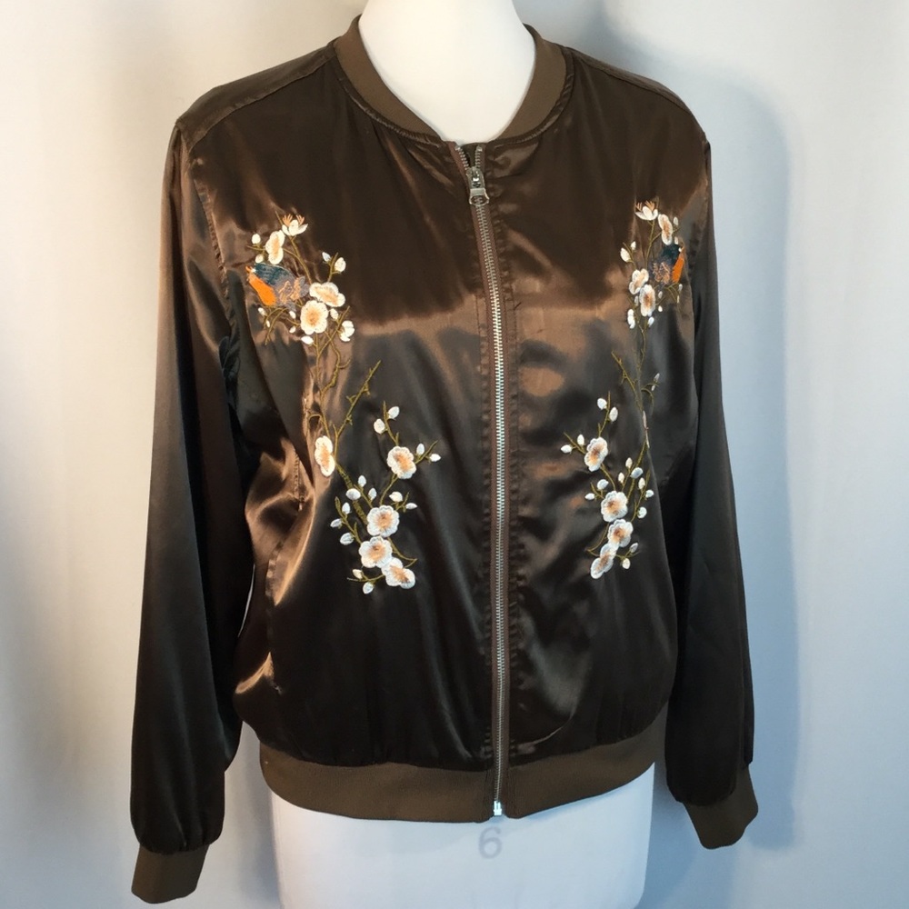 Brown Tan Satin Bomber Jacket Asian Floral Bird L